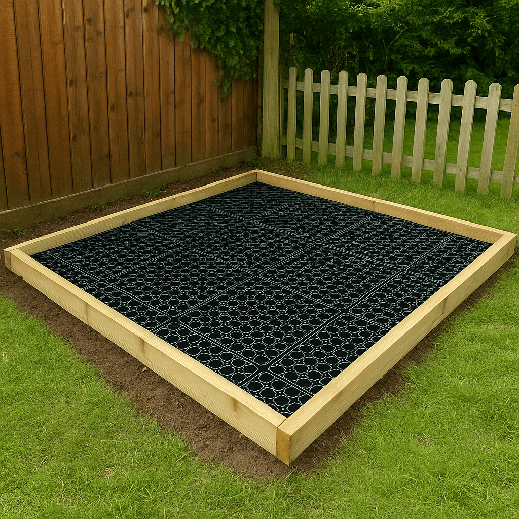 Illustrative example of a plastic grid shed base prepared in a wooden frame.