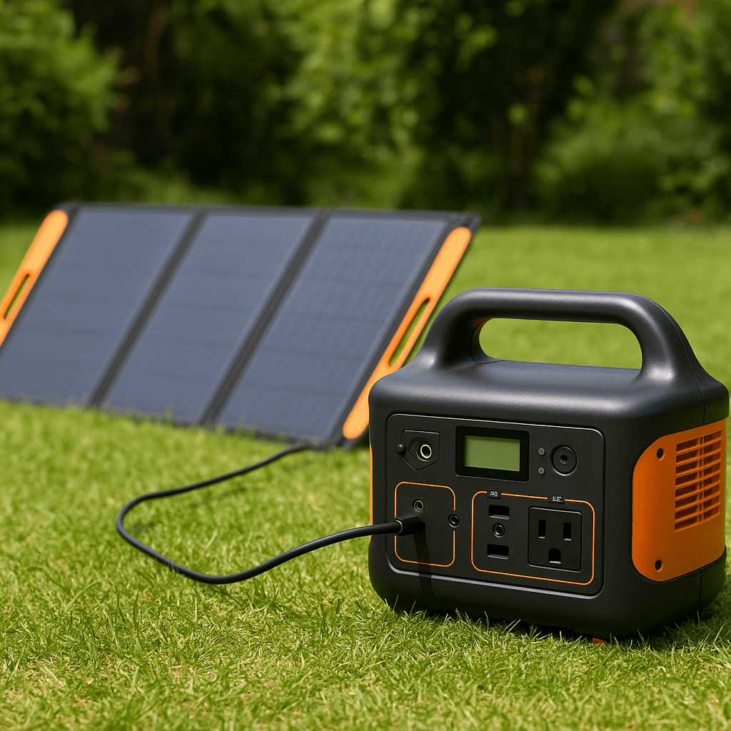 Portable solar panel and power generator on grass for a self sufficiency setup