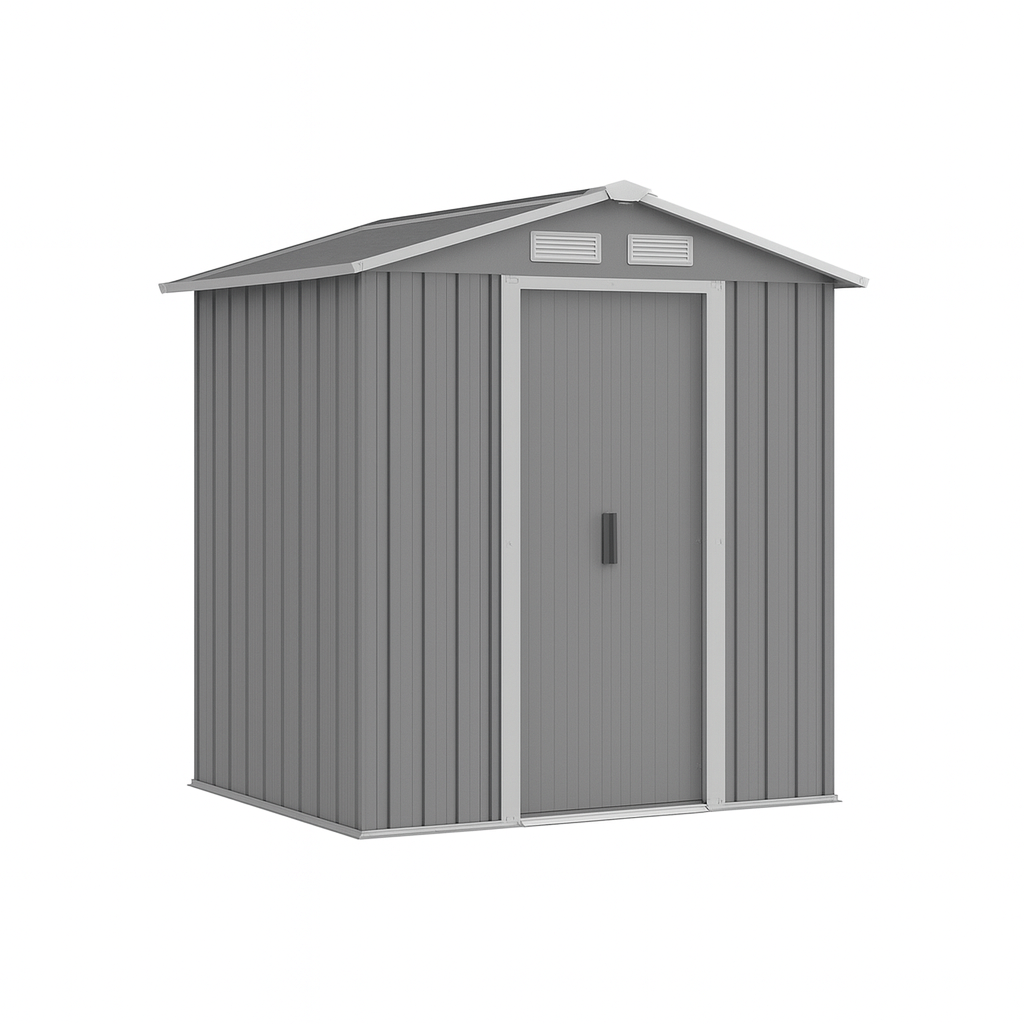Generic example of a small metal garden shed in grey.