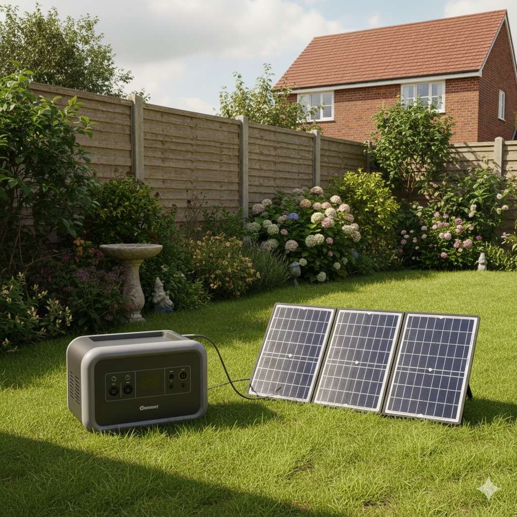 EcoFlow-style solar generator and portable solar panels in a UK garden – best EcoFlow solar generators UK comparison.