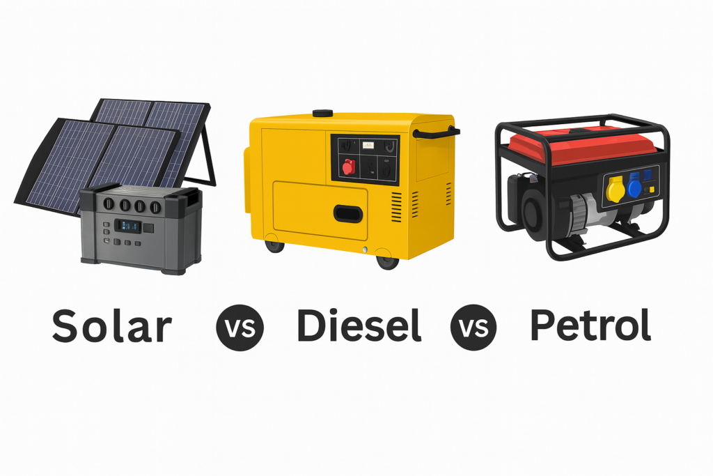Side-by-side comparison of solar, diesel and petrol units showing the best type of backup generator for home use