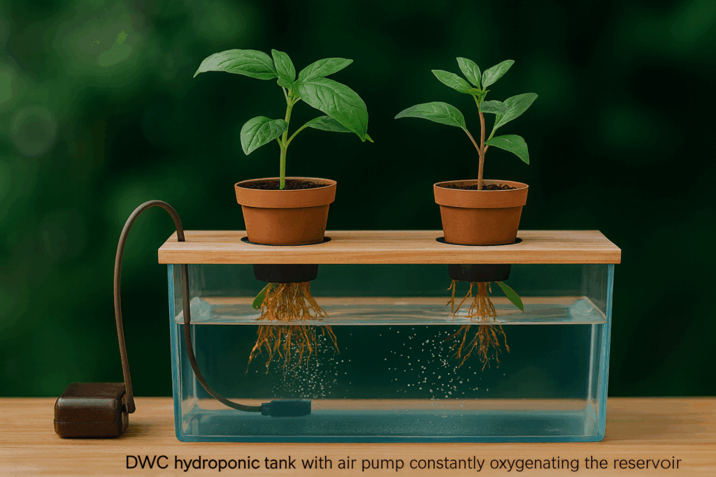 Deep Water Culture hydroponic system with two plants in net pots above a transparent tank showing roots, nutrient water, and air bubbles.