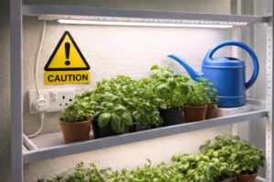 Grow light safety UK example showing LED grow lights on a shelf with a household plug and caution sign