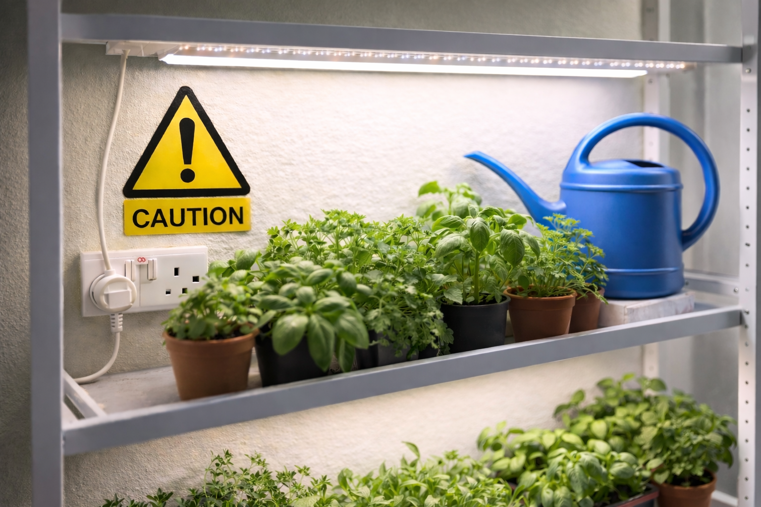Grow light safety UK example showing LED grow lights on a shelf with a household plug and caution sign