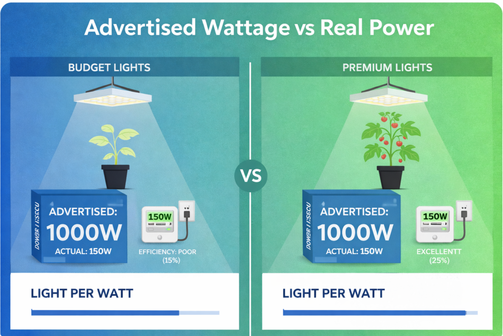 Grow light wattage comparison showing advertised wattage versus real power draw and efficiency in budget and premium LED grow lights.