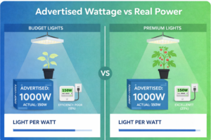 Grow light wattage comparison showing advertised wattage versus real power draw and efficiency in LED grow lights