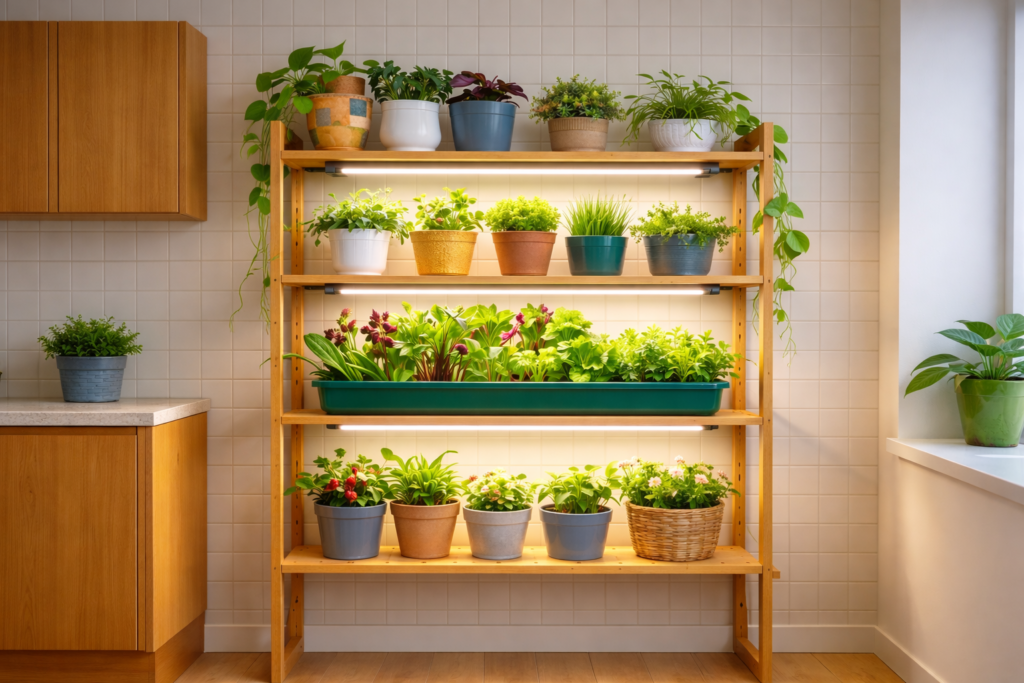 Grow lights UK setup using LED panels to grow herbs on a kitchen shelf