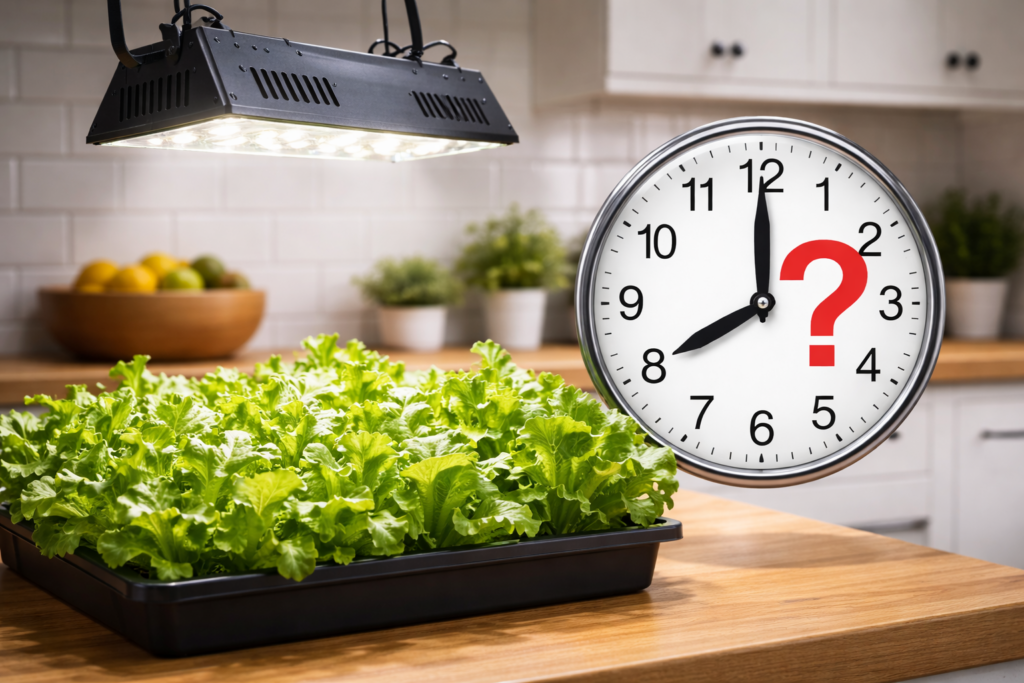 Grow light over lettuce in a UK kitchen showing how long should grow lights should be on.