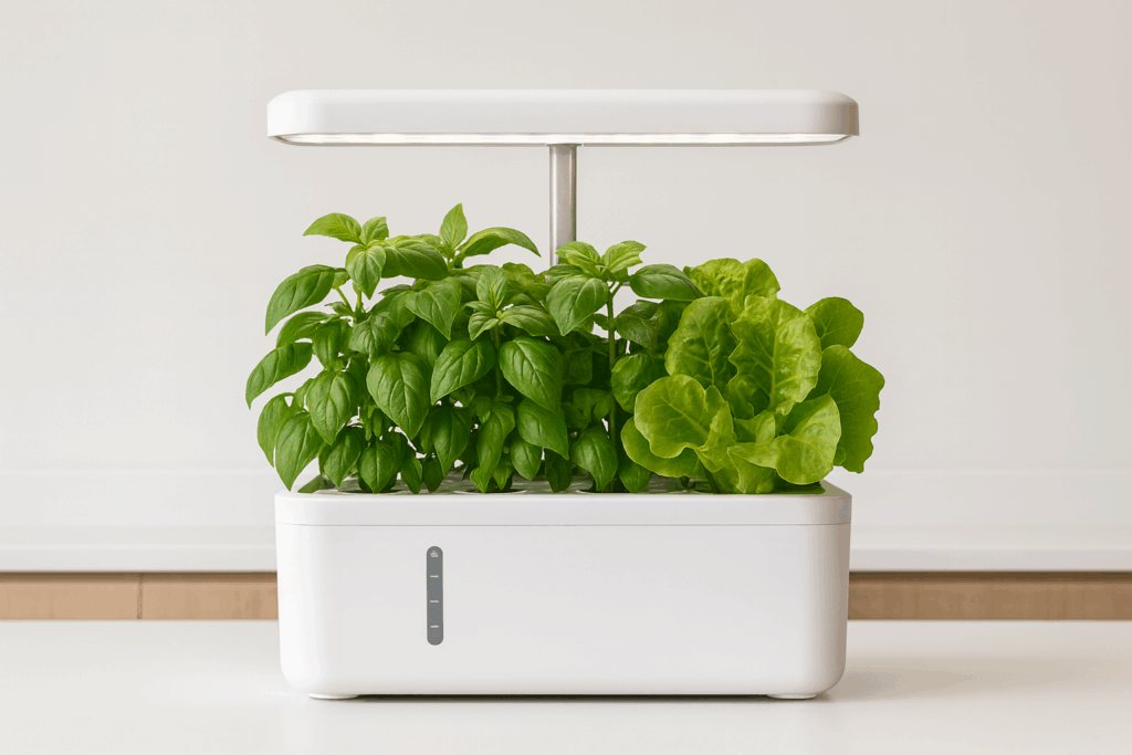 Indoor hydroponic pod system growing basil and lettuce – example used to show how to grow with hydroponics.