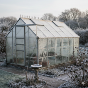 Glass greenhouse in a UK winter garden.