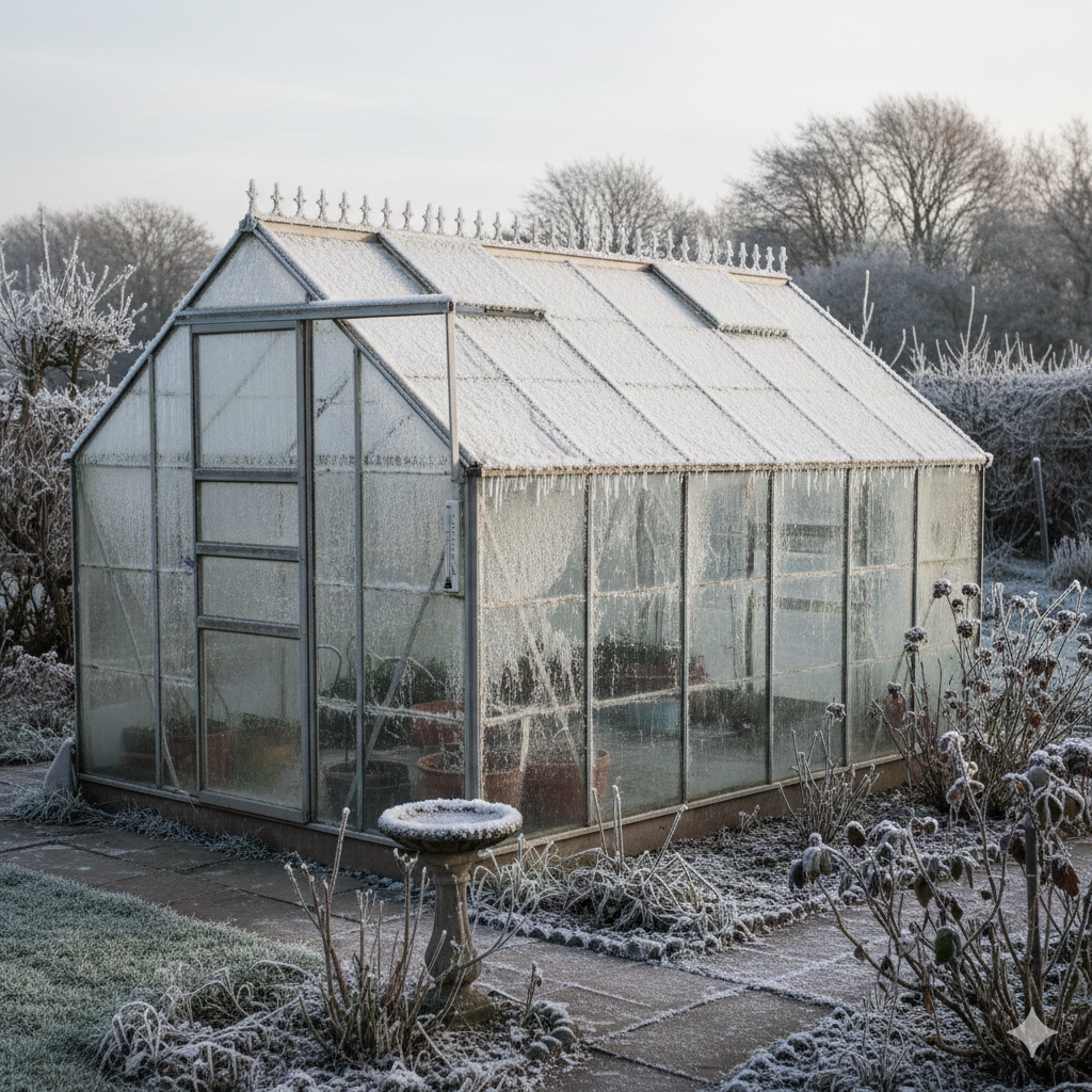 How to heat a greenhouse in the UK during winter, shown by a frost-covered glass greenhouse