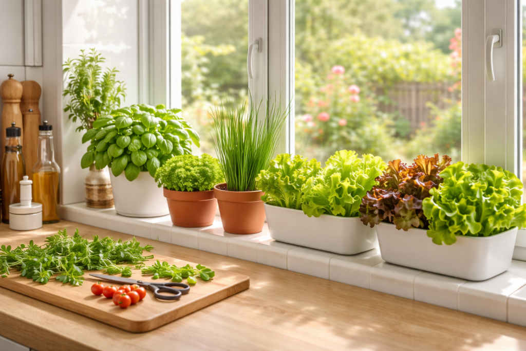 Indoor growing in the UK with lettuce and herbs on a kitchen windowsill