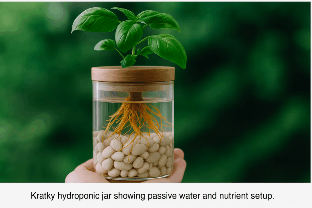 Kratky hydroponic jar with basil plant and visible roots in nutrient water.