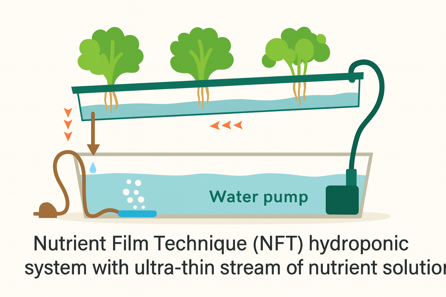 Nutrient Film Technique (NFT) hydroponic system diagram showing a thin stream of nutrient solution flowing through a sloped channel.