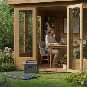 EcoFlow Delta 2 vs Delta 3 illustration showing a portable power station in a garden office setup