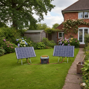 Solar panels charging a portable solar generator in a UK garden.