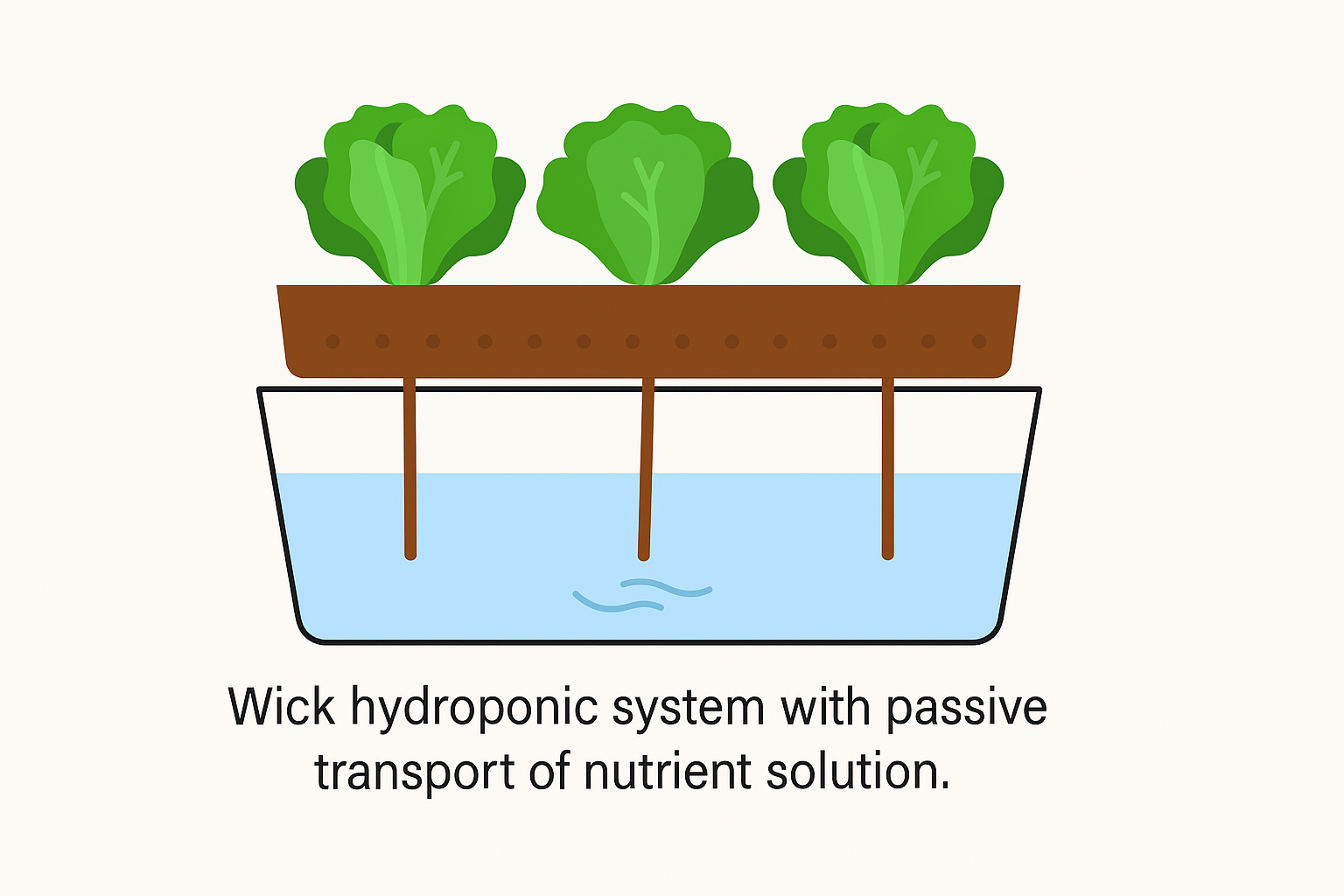 Illustration of a wick hydroponic system with lettuce plants above a reservoir, showing wicks drawing nutrient solution upward