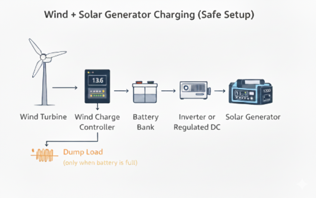 Wind turbine with a solar generator charging safely using a wind charge controller, battery bank and dump load
