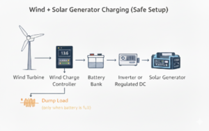 Illustration demonstrating the correct way to use wind turbine with a solar generator.