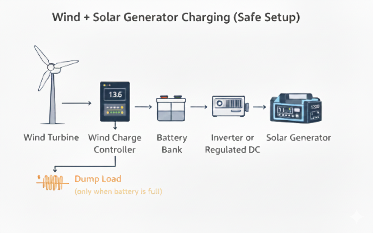 Illustration demonstrating the correct way to use wind turbine with a solar generator.