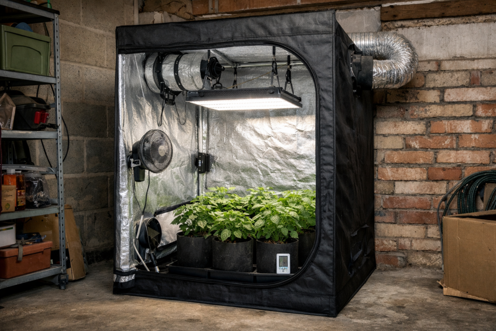 1 × 1 metre grow tent setup in a typical UK garage with LED grow light and ventilation
