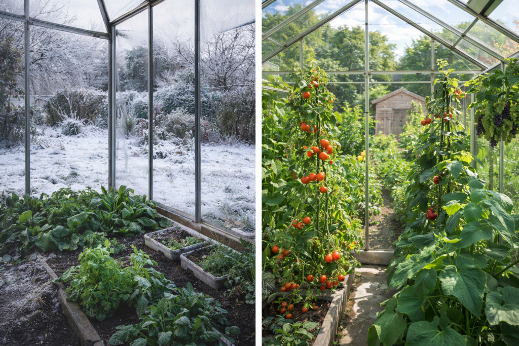 Greenhouse growing calendar showing a UK greenhouse in winter and summer, with winter salad crops on one side and summer tomatoes and vines on the other
