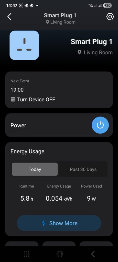 Tapo smart plug app showing energy usage and power draw for an LED grow light