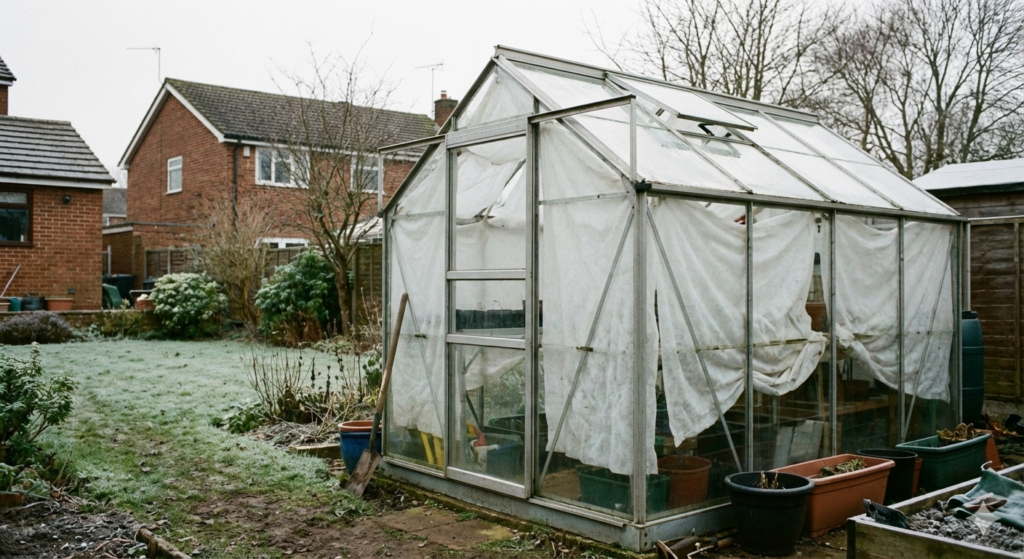 UK greenhouse with horticultural fleece insulation used to protect plants from late frosts on a cold spring morning
