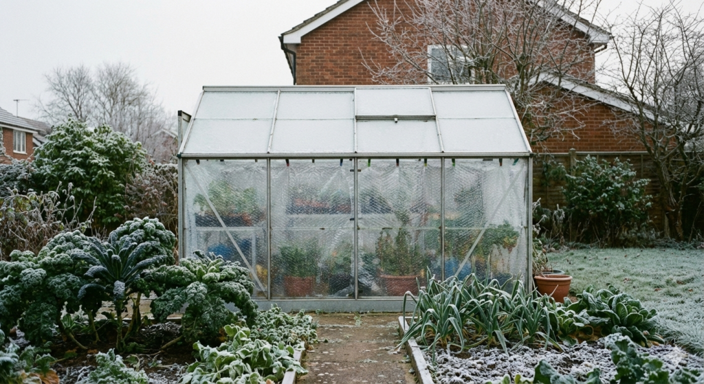 Bubble wrap is a common form of greenhouse insulation in the UK, helping reduce heat loss during cold winter nights.