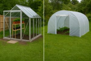 Greenhouses and polytunnels shown side by side in a UK garden setting