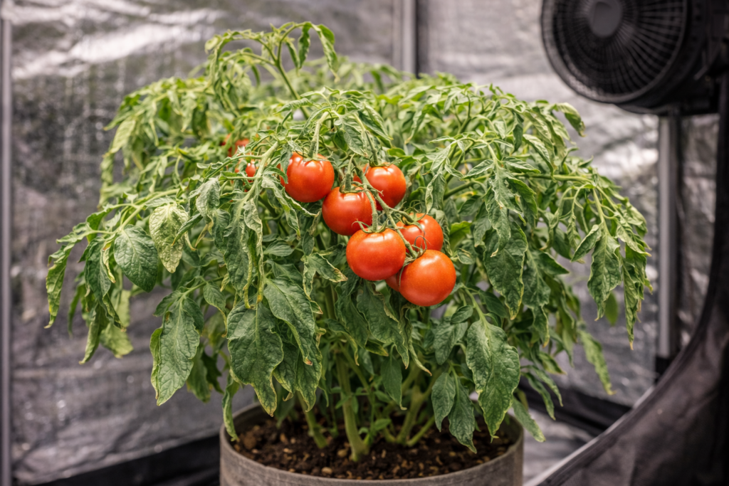 Tomato plant with wilting, curling leaves showing heat stress inside a grow tent.