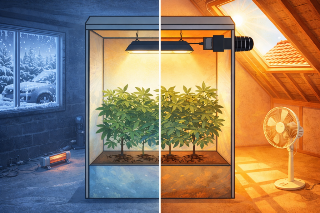 Grow tent temperature control shown in a cold UK garage during winter and a hot loft space in summer, with stable conditions maintained inside the tent in both environments.