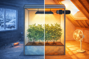 Grow tent temperature control shown in a cold UK garage during winter and a hot loft space in summer, with stable conditions maintained inside the tent in both environments.