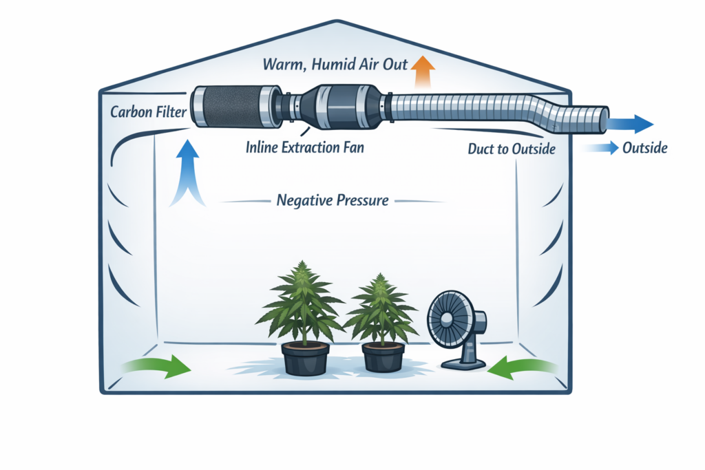Diagram of a grow tent ventilation setup with carbon filter, inline extraction fan, and ducting venting warm air outside. Shows negative pressure and internal circulation fan.