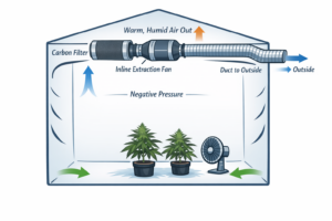 Diagram of a grow tent ventilation setup with carbon filter, inline extraction fan, and ducting venting warm air outside. Shows negative pressure and internal circulation fan.