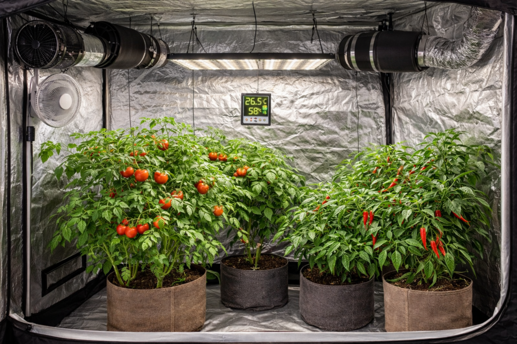 Indoor grow tent with tomato and chilli plants, LED light, fans and monitor controlling heat and humidity in a grow tent.