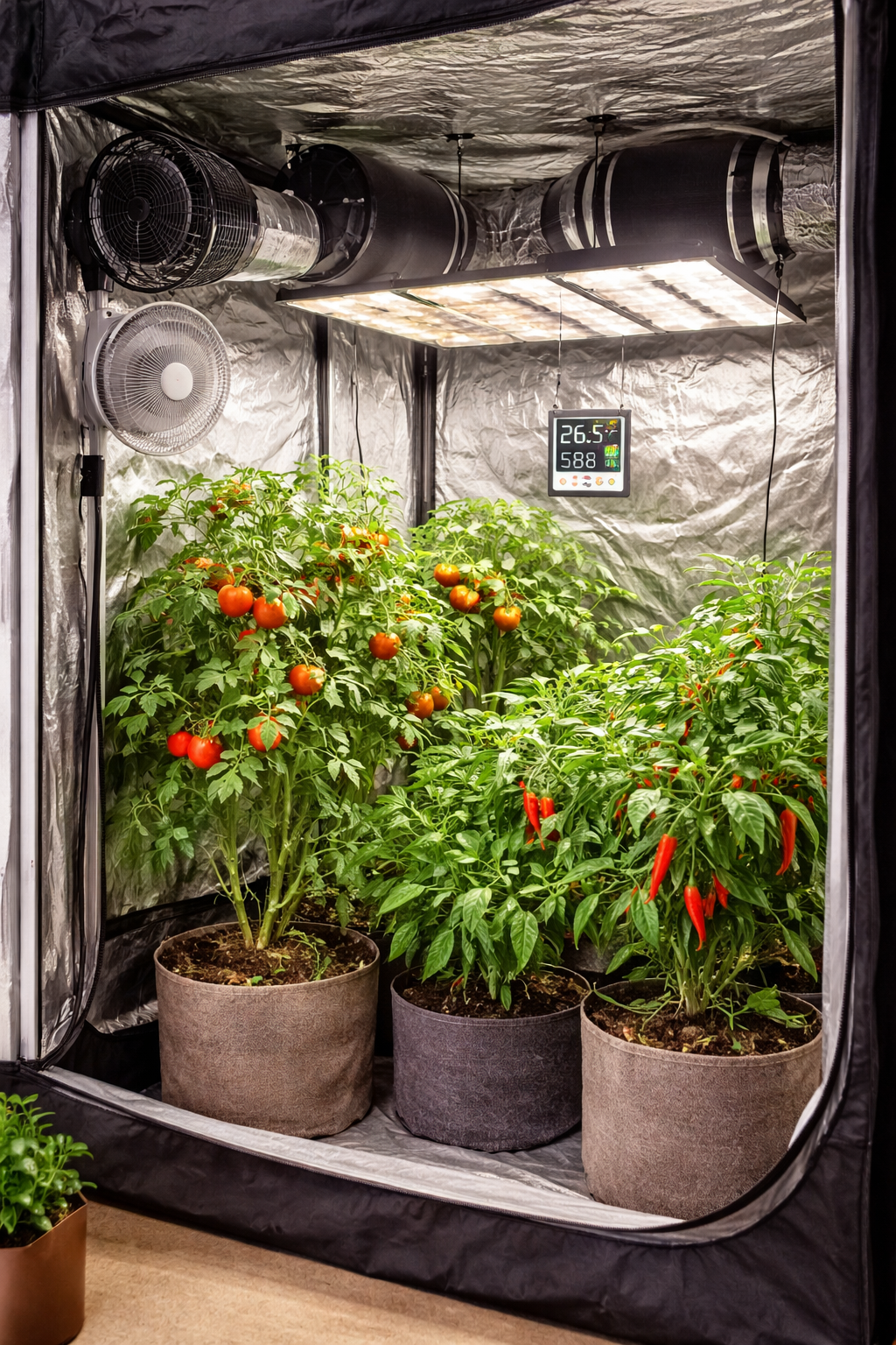 Grow tent with tomatoes and chillies showing equipment used to control heat and humidity in a grow tent.