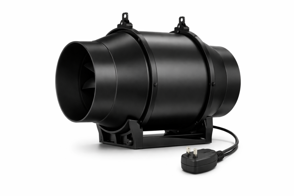 Black inline grow tent extraction fan used for ventilating a home grow tent