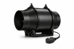 Black inline grow tent extraction fan used for ventilating a home grow tent