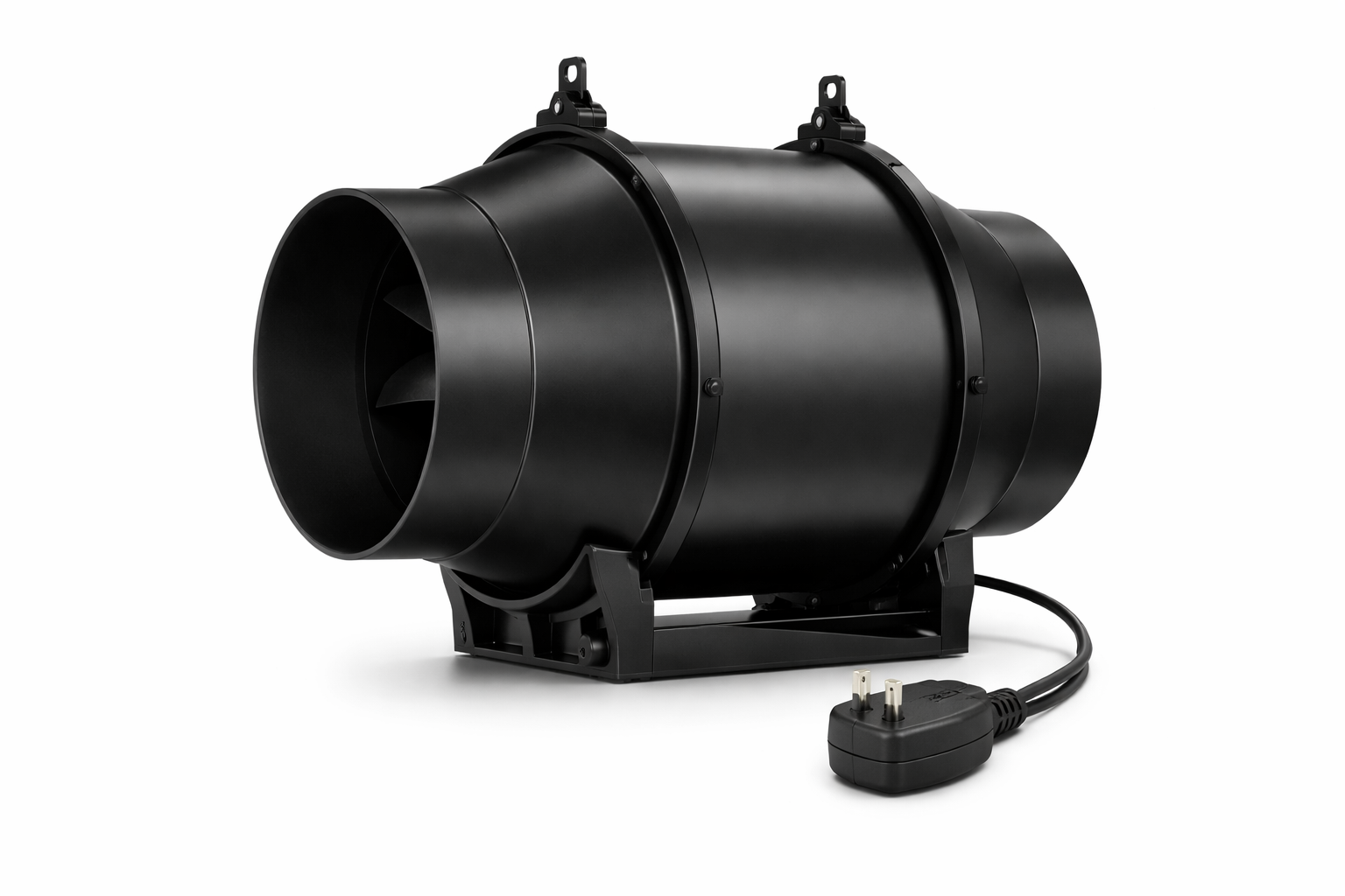 Black inline grow tent extraction fan used for ventilating a home grow tent