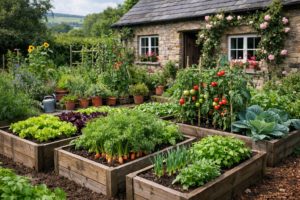 Outdoor growing with raised beds filled with edible vegetables