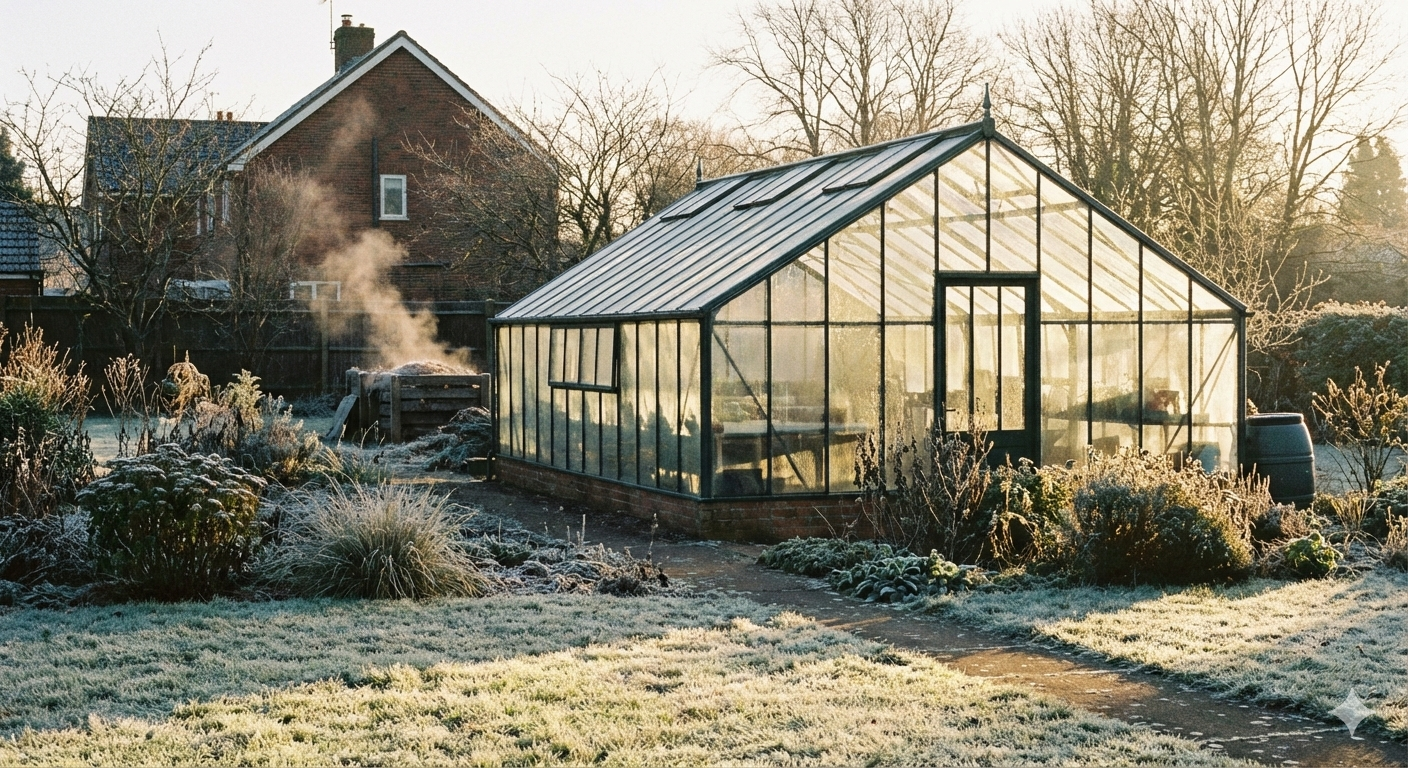 Large UK greenhouse on a frosty morning, showing why plants need protection from late frosts in early spring