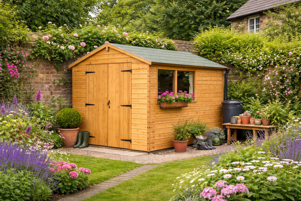 Wooden garden sheds in a UK cottage garden, showing a standard 8x6 shed with a side window