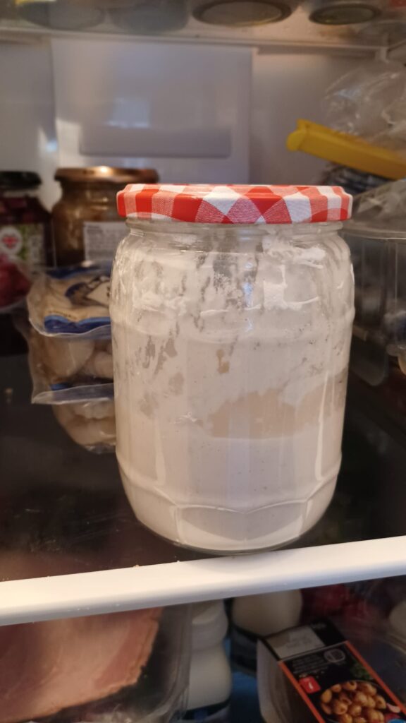 Sourdough starter is fed and kept in the fridge

