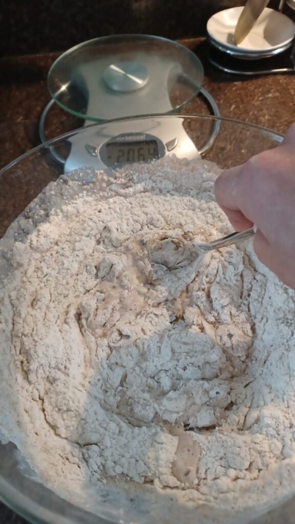 Mixing sourdough ingredients in a bowl to form a shaggy dough