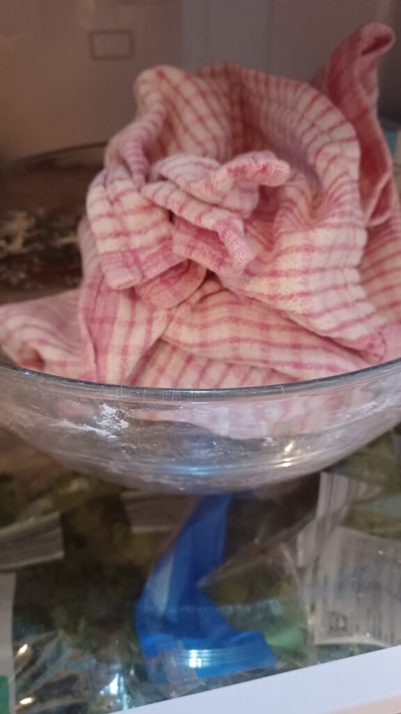 Sourdough dough wrapped in floured tea towel before overnight proof in the fridge