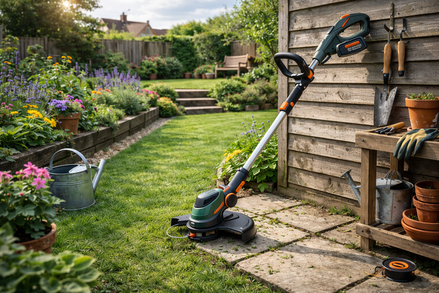 Best cordless strimmers UK – generic cordless grass trimmer leaning against a wooden shed in a British garden