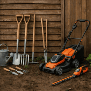 Garden tools and equipment stored beside a wooden shed, including hand tools, a cordless lawn mower, and a hedge trimmer