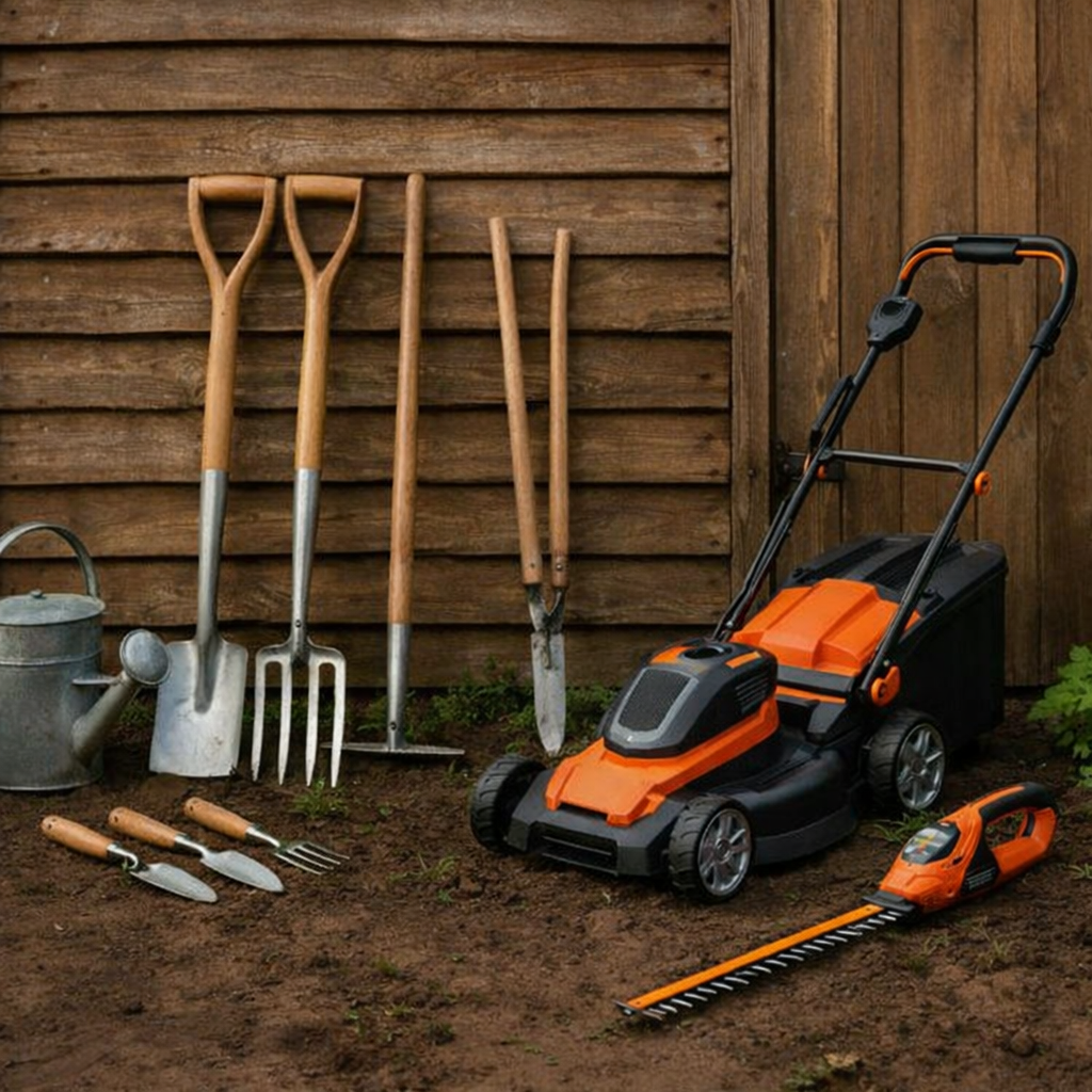 Garden tools and equipment stored beside a wooden shed, including hand tools, a cordless lawn mower, and a hedge trimmer