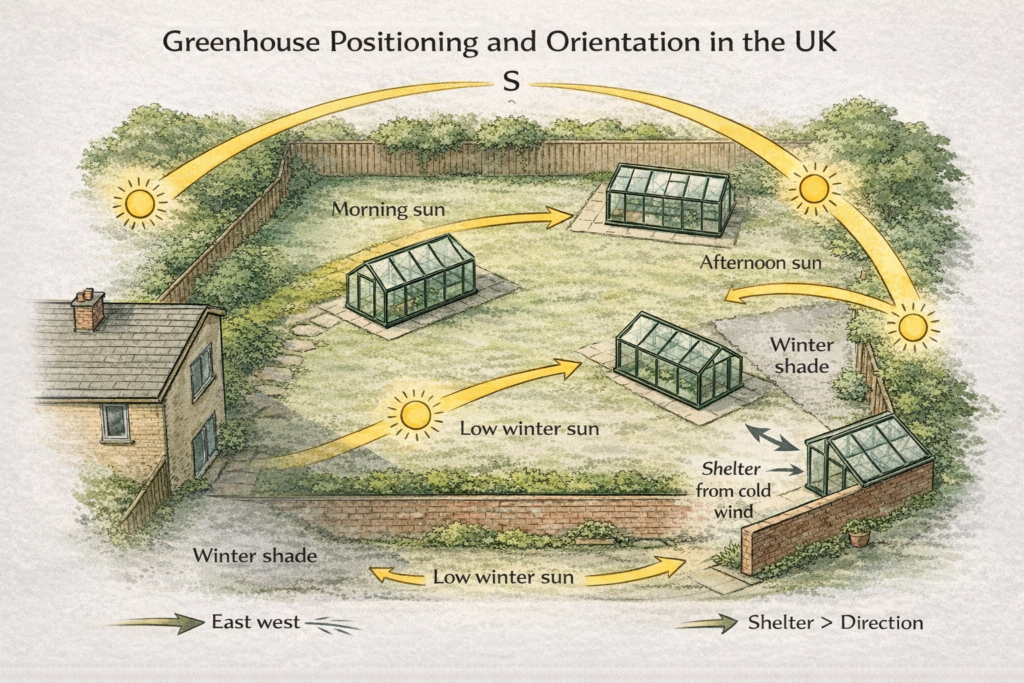Diagram showing greenhouse orientation and positioning in a typical UK garden, including sun path, winter shade, wind shelter, and airflow considerations.